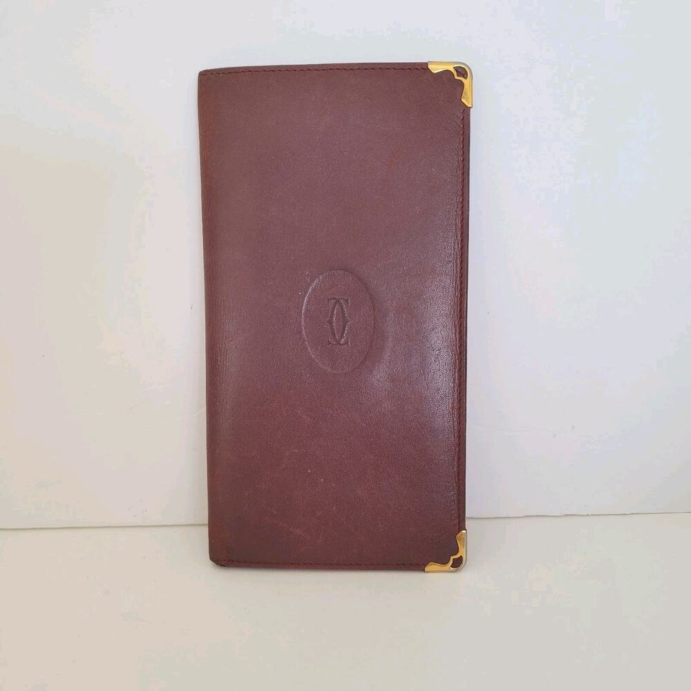 Cartier Vintage Bifold‎ Leather Bordeaux Red Wallet Large Credit Card Checkbook
